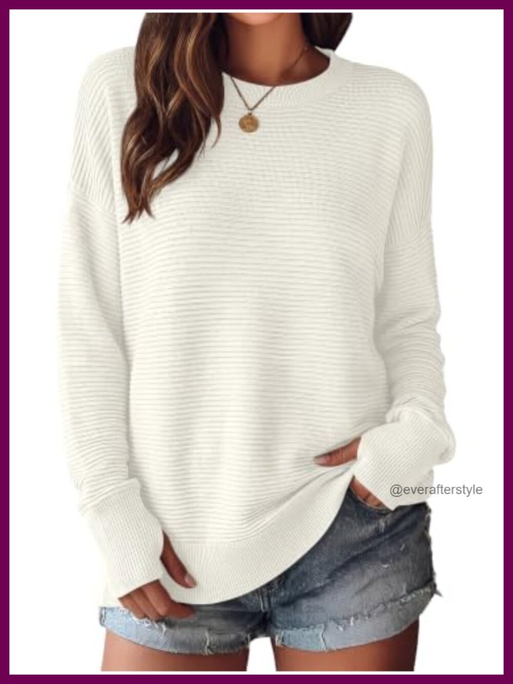 Women Ribbed Knit Long Sleeve Crew Neck Pullover Sweater with Thumb Holes